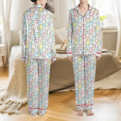 Cat Lovers' Cheerful Hand-Drawn Pastel Pink Blue Peach Cat Dense Pattern White Satin Pajamas Set