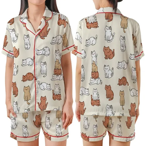 Cat Lovers' Whimsical Sweet Cartoon Cats Playful Scattered Repeating Cream Pattern Satin Short-Sleeve Pajamas Set