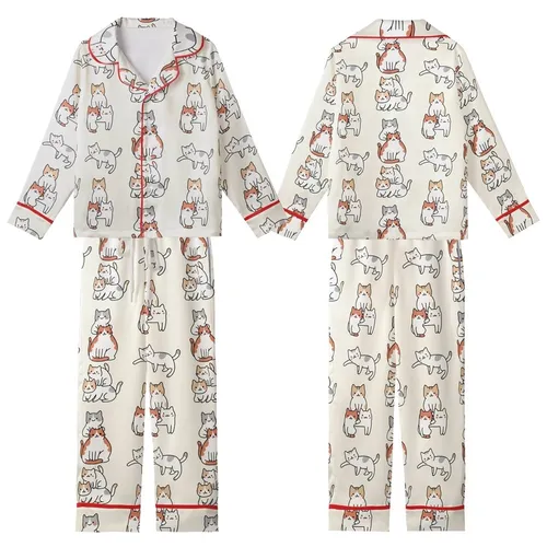 Cat Lovers' Whimsical Sweet Cartoon Cats Playful Scattered Repeating Cream Pattern Kid Satin Pajamas Set