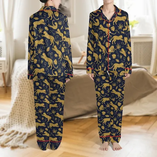Women's Golden Leopard & Jungle Foliage Print Satin Button-Up Cardigan & Pant Sleep Set Satin Pajamas Set