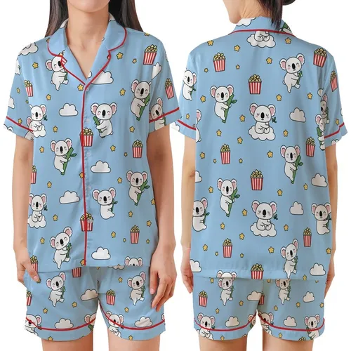 Cute Style Lovers' Playful Sleepy White Koala Popcorn Cloud Golden Star Light Blue Pattern Satin Short-Sleeve Pajamas Set