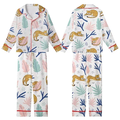 Animal Lovers' Playful Golden Yellow Leopard Pastel Pink & Deep Royal Blue Botanical Pattern Kid Satin Pajamas Set