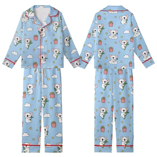 Cute Style Lovers' Playful Sleepy White Koala Popcorn Cloud Golden Star Light Blue Pattern Kid Satin Pajamas Set