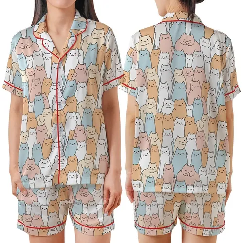 Cat Lovers' Adorable Hand-Drawn Cartoon Cats Pattern Soft Peach Pastel Pink Sky Blue Doodle Art Satin Short-Sleeve Pajamas Set