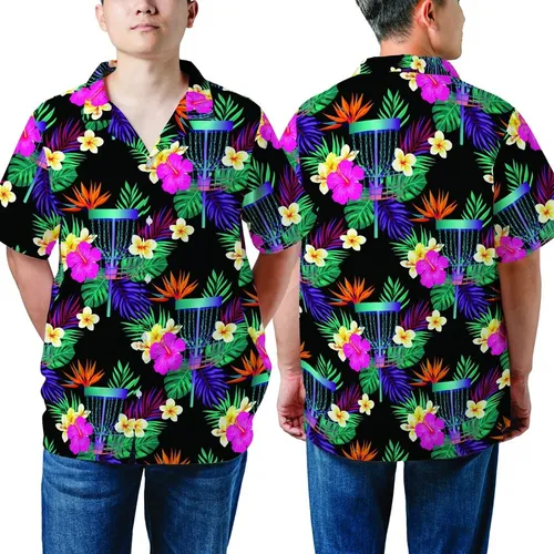 Disc Golf Aloha Pattern: Teal Basket & Tropical Bloom Design - Vibrant Fabric Art Short-sleeve Hawaiian Shirt