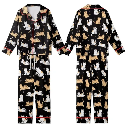 Cat Lovers' Cute Cartoon Cats Tan Striped White Orange Pink Hearts Black Pattern Kid Satin Pajamas Set
