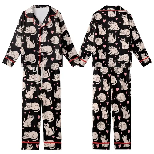 Cat Lovers' Charming Black Pink Beige Cartoon Cat Heart Hand-Drawn Seamless Pattern Kid Satin Pajamas Set