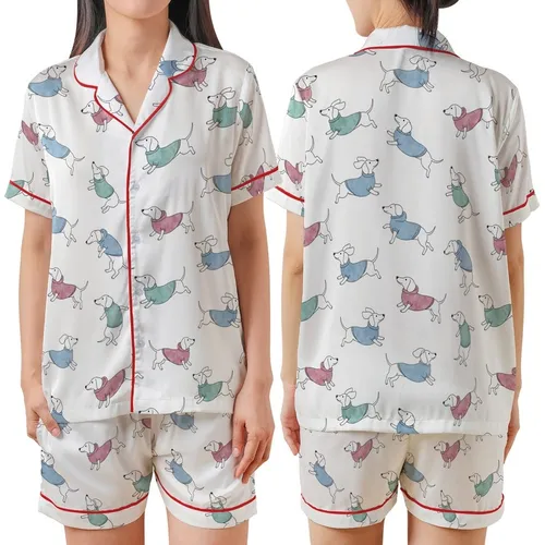 Dachshund Lovers' Whimsical Watercolor Dog Pajamas Sleep Set: Playful Teal & Magenta Sweaters Satin Short-Sleeve Pajamas Set