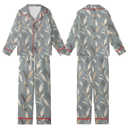 Breastfeeding Merino Wool Sleep Gown: Pampas Grass Muted Grey-Blue Organic Print Kid Satin Pajamas Set