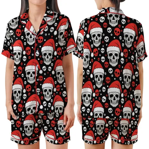 Funny Santa Skull Christmas Pajama Set: Black, Red & White All-Over Pattern - Polyester Spandex Satin Short-Sleeve Pajamas Set