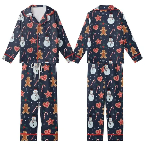 Pet & Owner Family Matching Gingerbread Snowman Holly Navy Christmas Pattern Sleep Set Kid Satin Pajamas Set