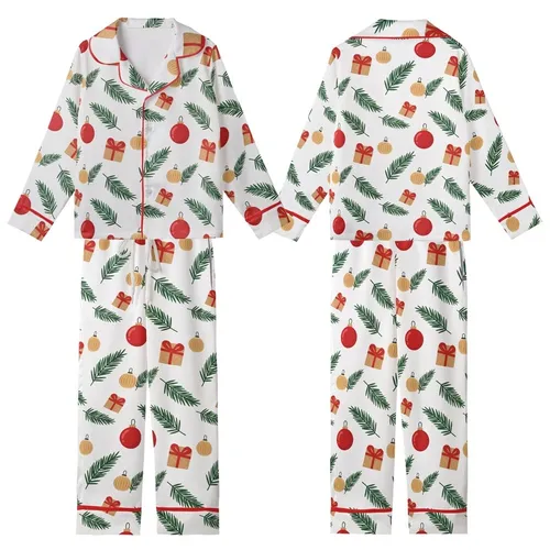 Christmas Pajamas: Classic Illustrative Evergreen Ornaments Gift Box White Sleep Set Kid Satin Pajamas Set