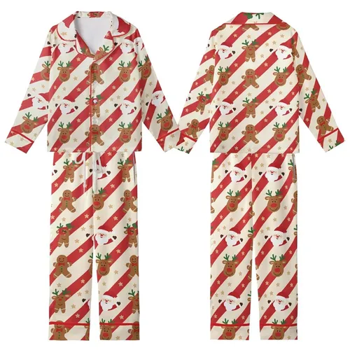 Whimsical Holiday Design: Cream Candy Cane Stripe Reindeer Santa Gingerbread All-Over Print Kid Satin Pajamas Set