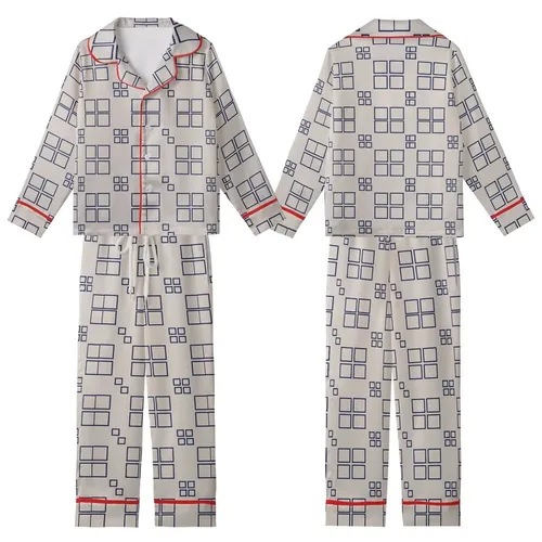 Modern Statement: Abstract Geometric Interlocking Pattern - Navy Grey Beige Wearable Design Kid Satin Pajamas Set