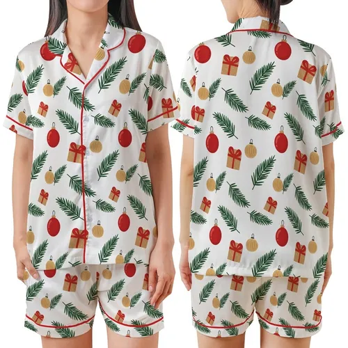 Christmas Pajamas: Classic Illustrative Evergreen Ornaments Gift Box White Sleep Set Satin Short-Sleeve Pajamas Set