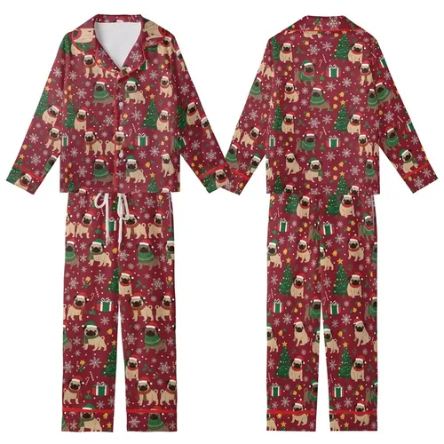Pug Lover's Merry Pugmas Santa Dog Christmas Tree Print Pajamas Set Kid Satin Pajamas Set