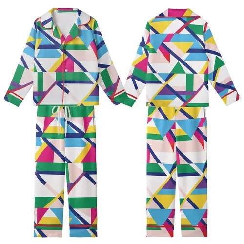 Vibrant Style Enthusiast: Dynamic Geometric Stripe - Multi-Color Patterned Print Kid Satin Pajamas Set
