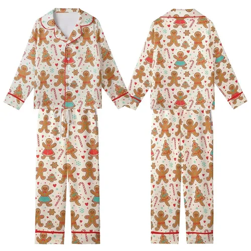 Playful Gingerbread Family Pattern: Holiday Cookie & Candy Cane Wearable Art Kid Satin Pajamas Set