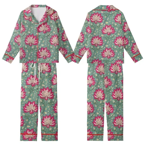 Women's Indian Block Print Sleep Set: Fuchsia Lotus & Olive Vine on Teal Cotton Loungewear Kid Satin Pajamas Set