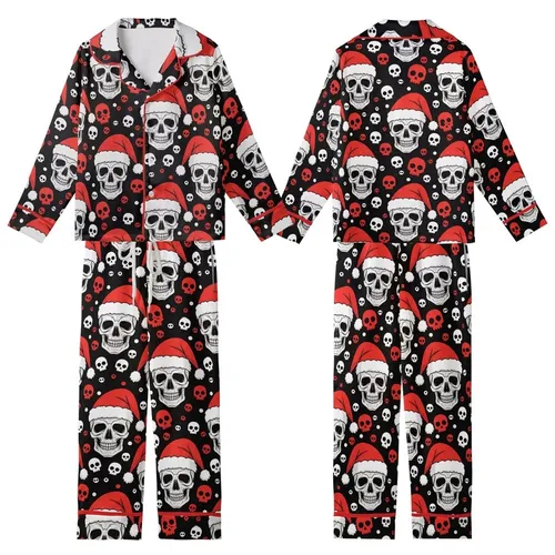 Funny Santa Skull Christmas Pajama Set: Black, Red & White All-Over Pattern - Polyester Spandex Kid Satin Pajamas Set