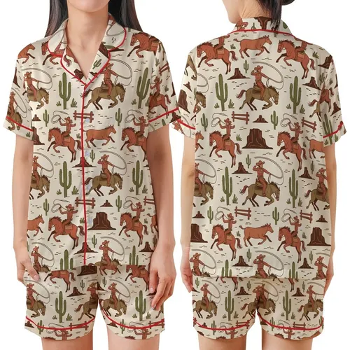Western Enthusiast Vintage Hand-Drawn Rodeo Scene Bucking Bronco Roping Cowboy Desert Pattern Wearable Art Satin Short-Sleeve Pajamas Set