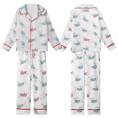 Dachshund Lovers' Whimsical Watercolor Dog Pajamas Sleep Set: Playful Teal & Magenta Sweaters Kid Satin Pajamas Set