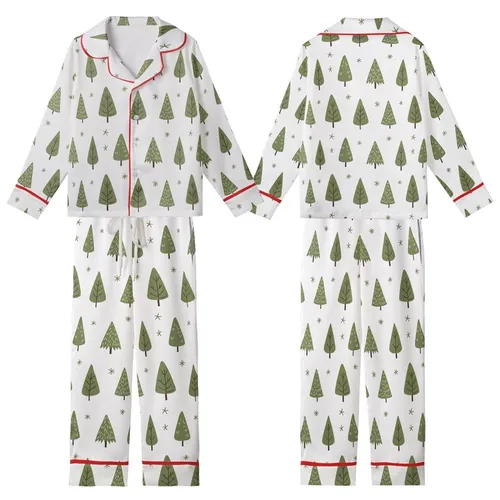 Cozy Winter Style: Whimsical Olive Forest Seamless Pattern - Hand-Drawn Evergreen Textile Art Kid Satin Pajamas Set