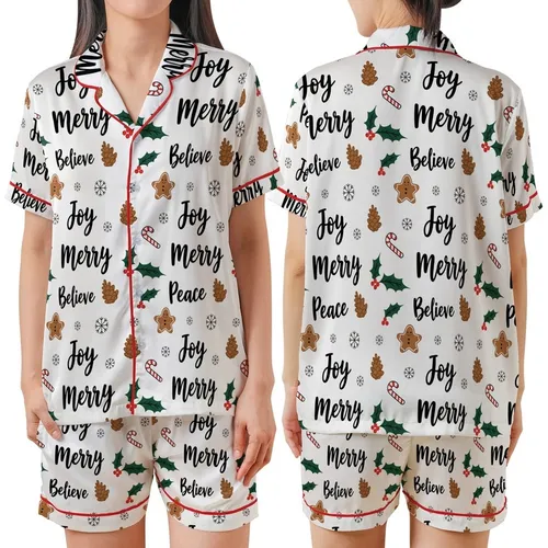 Whimsical Holiday Pattern: Joy Peace Merry Believe Text & Pinecone Holly Art - Seamless Vector Print Satin Short-Sleeve Pajamas Set