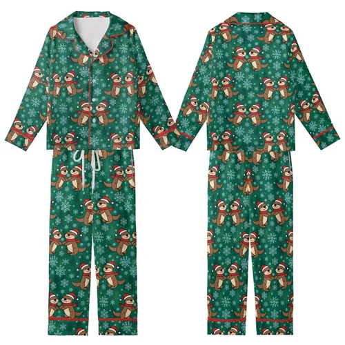 Otter Lovers: Playful Santa Otter & Snowflake Pattern on Forest Green - Festive Wearable Art Kid Satin Pajamas Set