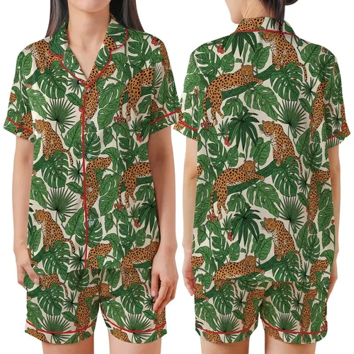 Safari Aesthetic: Hand-Drawn Lounging Leopards Tropical Jungle Repeat Pattern Satin Short-Sleeve Pajamas Set