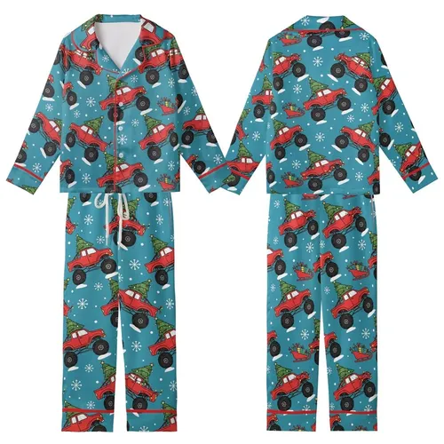 Christmas Monster Truck Pattern: Playful Teal Design with Red Trucks, Trees, & Sleighs Kid Satin Pajamas Set