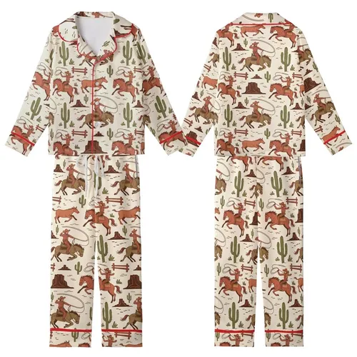 Western Enthusiast Vintage Hand-Drawn Rodeo Scene Bucking Bronco Roping Cowboy Desert Pattern Wearable Art Kid Satin Pajamas Set