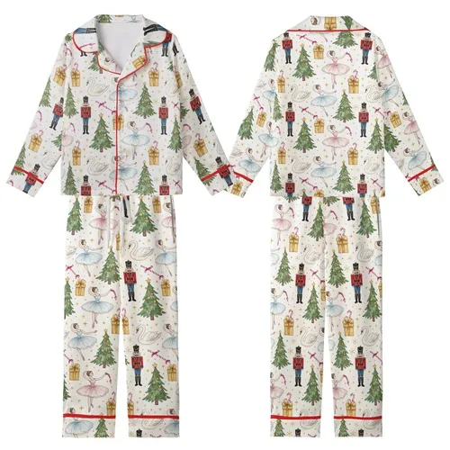 Women's Satin Pajamas Set: Nutcracker Ballerina Watercolor Christmas Ballet Pattern Kid Satin Pajamas Set
