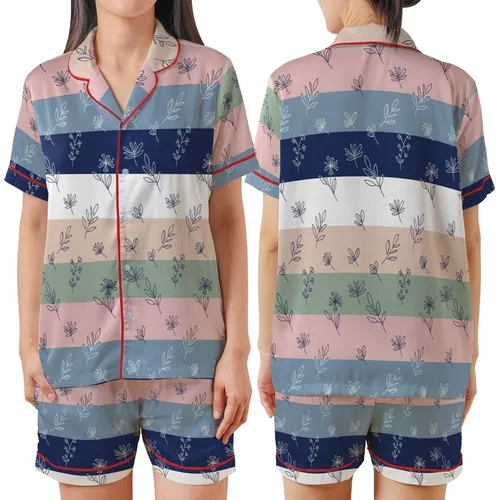 Bridesmaid & Bride Minimalist Botanical Line Art 100% Cotton Short Sleep Set Satin Short-Sleeve Pajamas Set