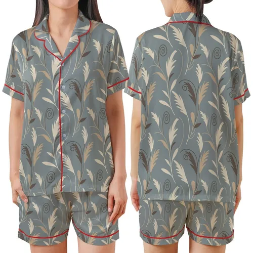 Breastfeeding Merino Wool Sleep Gown: Pampas Grass Muted Grey-Blue Organic Print Satin Short-Sleeve Pajamas Set