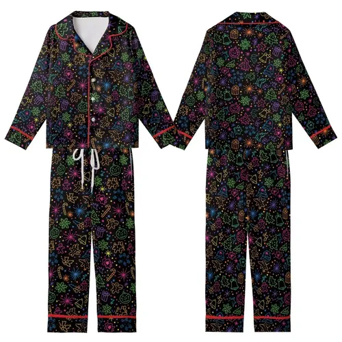 Women's Neon Glow Christmas Pajama Set: Vibrant Festive Pattern with Gingerbread & Starbursts Kid Satin Pajamas Set