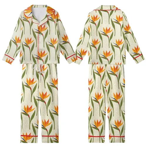 Bridesmaid White Silk Peignoir Pajama Set: Bird of Paradise & Delicate Lace Floral Print Kid Satin Pajamas Set