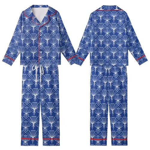 Art Deco Enthusiasts' Rich Royal Blue Elegant Abstract Geometric Seamless Pattern with White Fan Arch Motifs Kid Satin Pajamas Set