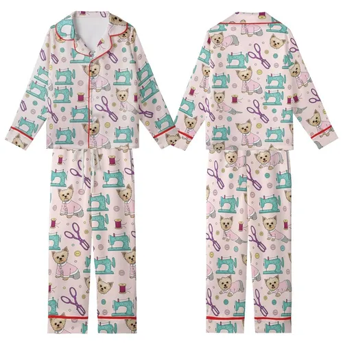 Pet Satin Pajamas: Pink Teal Yorkie Dog Sewing Machine Design XXS-XXL Bundle Kid Satin Pajamas Set