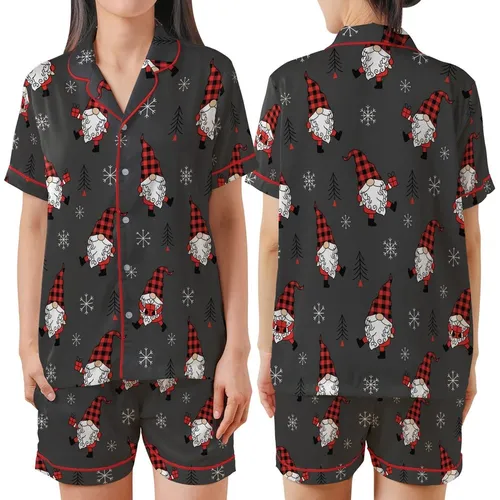 Whimsical Gnome Fan: Buffalo Plaid Gnomes, Snowflakes & Evergreen Dark Charcoal Allover Print Satin Short-Sleeve Pajamas Set