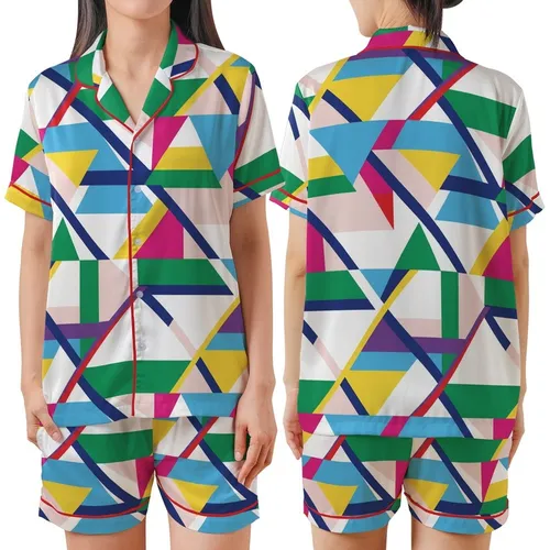 Vibrant Style Enthusiast: Dynamic Geometric Stripe - Multi-Color Patterned Print Satin Short-Sleeve Pajamas Set
