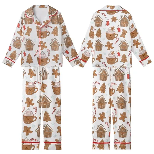 Women's Whimsical Gingerbread Man & Hot Cocoa Festive Poly-Spandex Sleep Set Kid Satin Pajamas Set