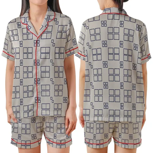 Modern Statement: Abstract Geometric Interlocking Pattern - Navy Grey Beige Wearable Design Satin Short-Sleeve Pajamas Set