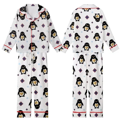 Modern Style Lovers Stylized Minimalist Black Penguin Gold Heart White Background Tartan Plaid Crimson Navy Pattern Kid Satin Pajamas Set