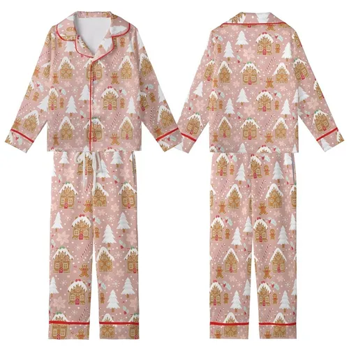 Blush Pink Gingerbread Village: Frosted Houses, Gumdrop Roofs, Snowflakes & Holly Pattern Kid Satin Pajamas Set