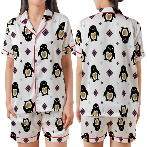 Modern Style Lovers Stylized Minimalist Black Penguin Gold Heart White Background Tartan Plaid Crimson Navy Pattern Satin Short-Sleeve Pajamas Set