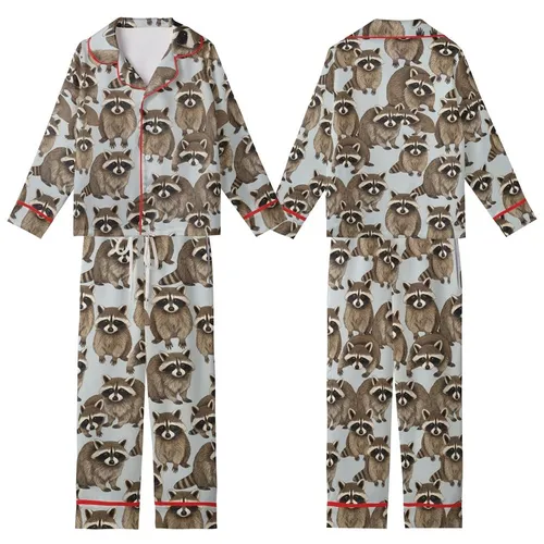 Raccoon Enthusiast's Photorealistic Woodland Repeat Pattern - Pale Grey Wildlife Design Kid Satin Pajamas Set