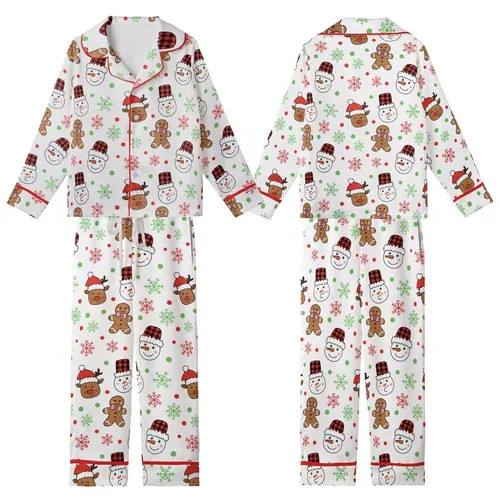 Christmas Pajamas: Hand-Drawn Gingerbread Snowman Reindeer Print - Red Green Holiday Sleep Set Kid Satin Pajamas Set