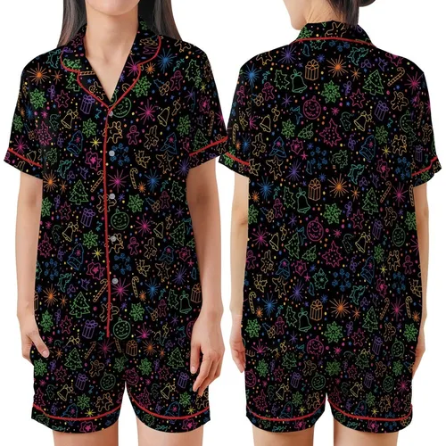 Women's Neon Glow Christmas Pajama Set: Vibrant Festive Pattern with Gingerbread & Starbursts Satin Short-Sleeve Pajamas Set