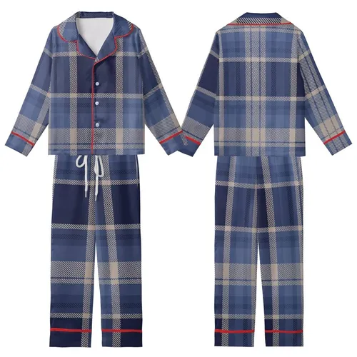 Men's Classic Navy Slate Plaid DIY Loungewear Project - Tartan Sleepwear Template Kid Satin Pajamas Set